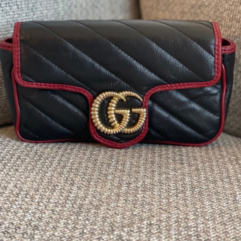 Gucci Black and Red Chevron Clutch